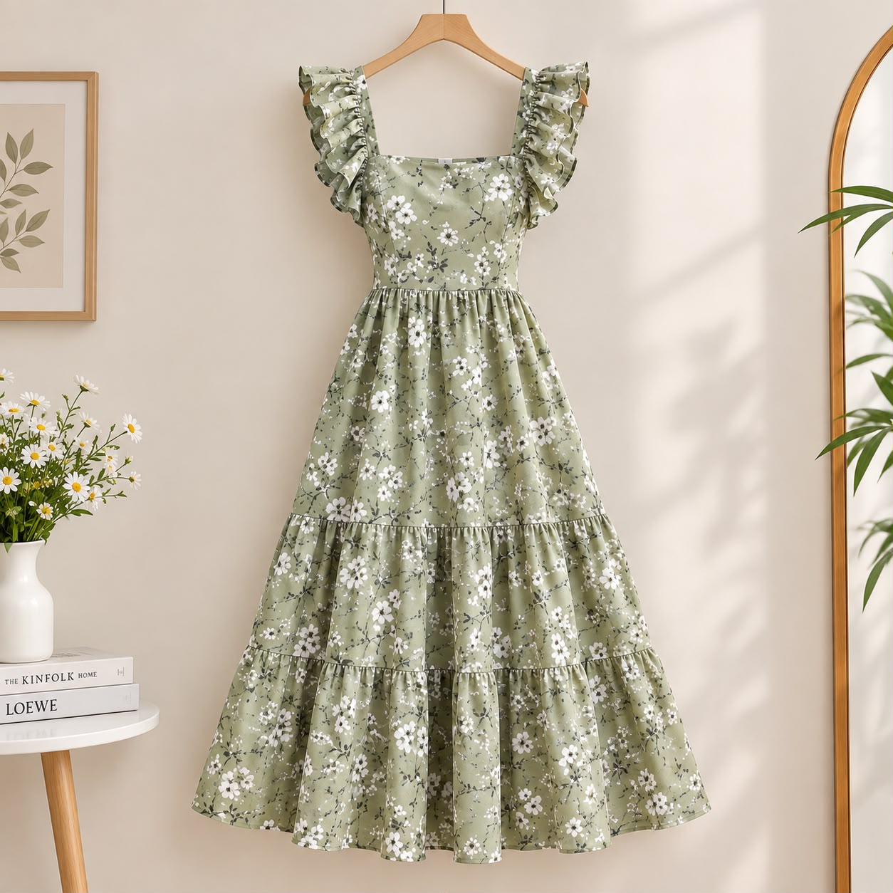 Green Floral Printed Square Neck Fit & Flare Maxi Dress